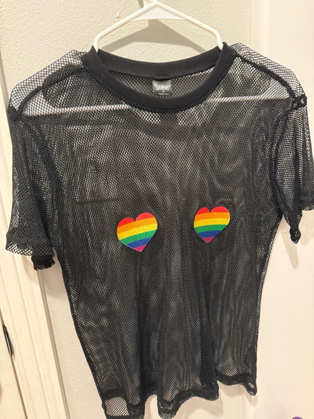 Spencer's Black Mesh Tee with Rainbow Heart Patches